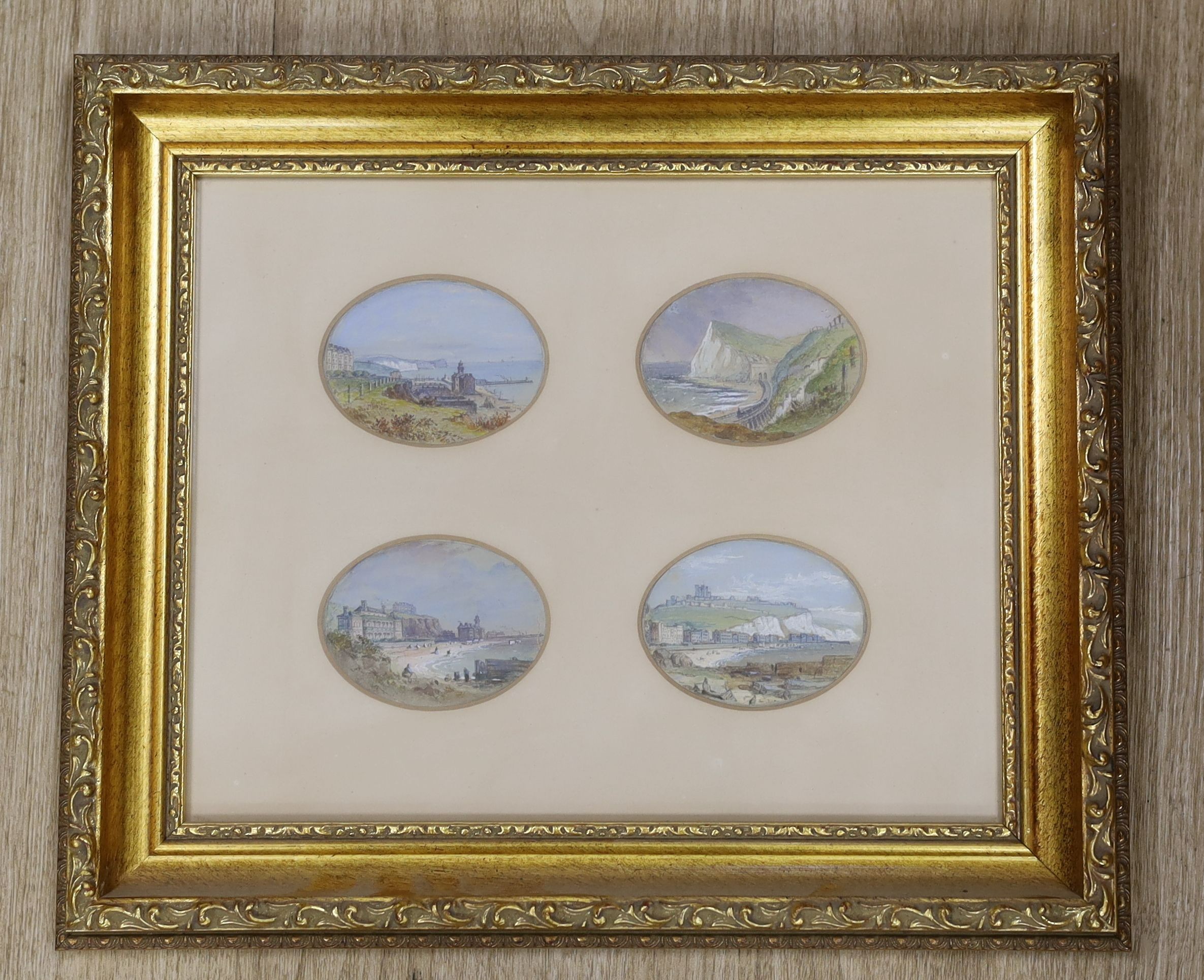 English school c.1880, bodycolour over pencil, four views of Dover and the coast, each 6 x 8cm